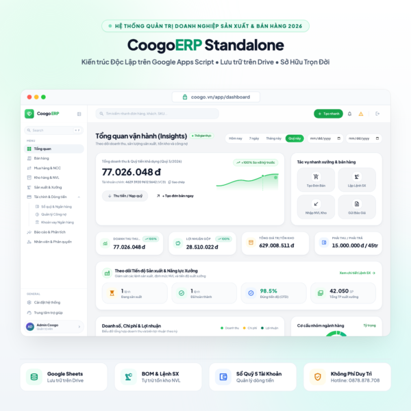 Coogo MiniERP Quản lý Bán hàng, Tồn kho, Thu chi, Công nợ có báo cáo tài chính (dành cho doanh nghiệp Sản Xuất) - Google Apps Scripts